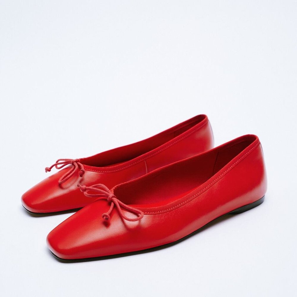 NWT Zara Red Leather Ballet Flats With Bow